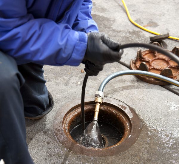 Commercial plumbers check a pipe using a camera after hydro line jetting the pipe at a large restaurant.